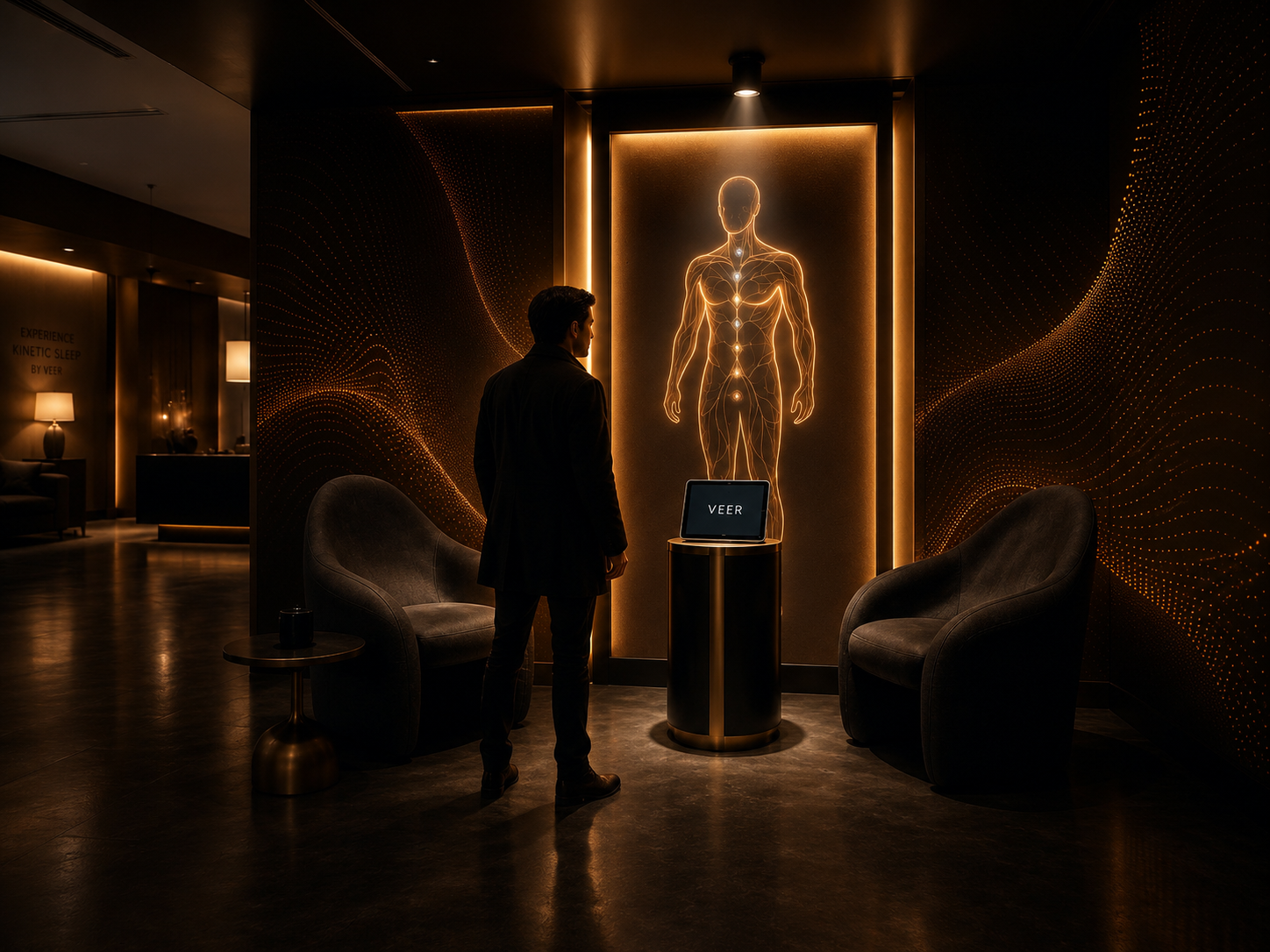 The Veer nook with digital twin stand in the hotel lobby